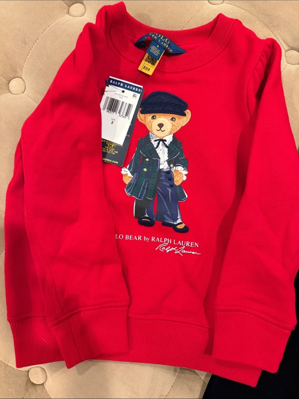 Ralph Lauren Red Bear Sweatshirt with Black Velvet Pants Kids Matching Set